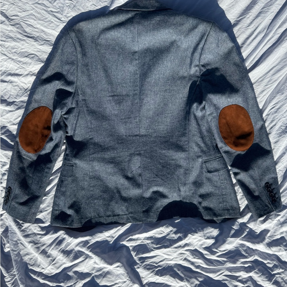 H&M Blue Slim Fit Blazer with brown elbow pads
